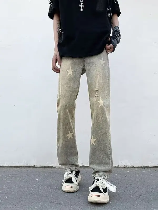 

Street Style Star Print Mud Dye Men's Jeans Loose Straight Leg Casual Trousers Comfortable Soft Denim Youth Fashion