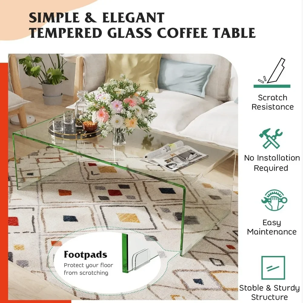 42.5" L × 20" W ×14" H, Modern Home Furniture, Clear Tempered Glass End Table, Waterfall Table with Rounded Edges