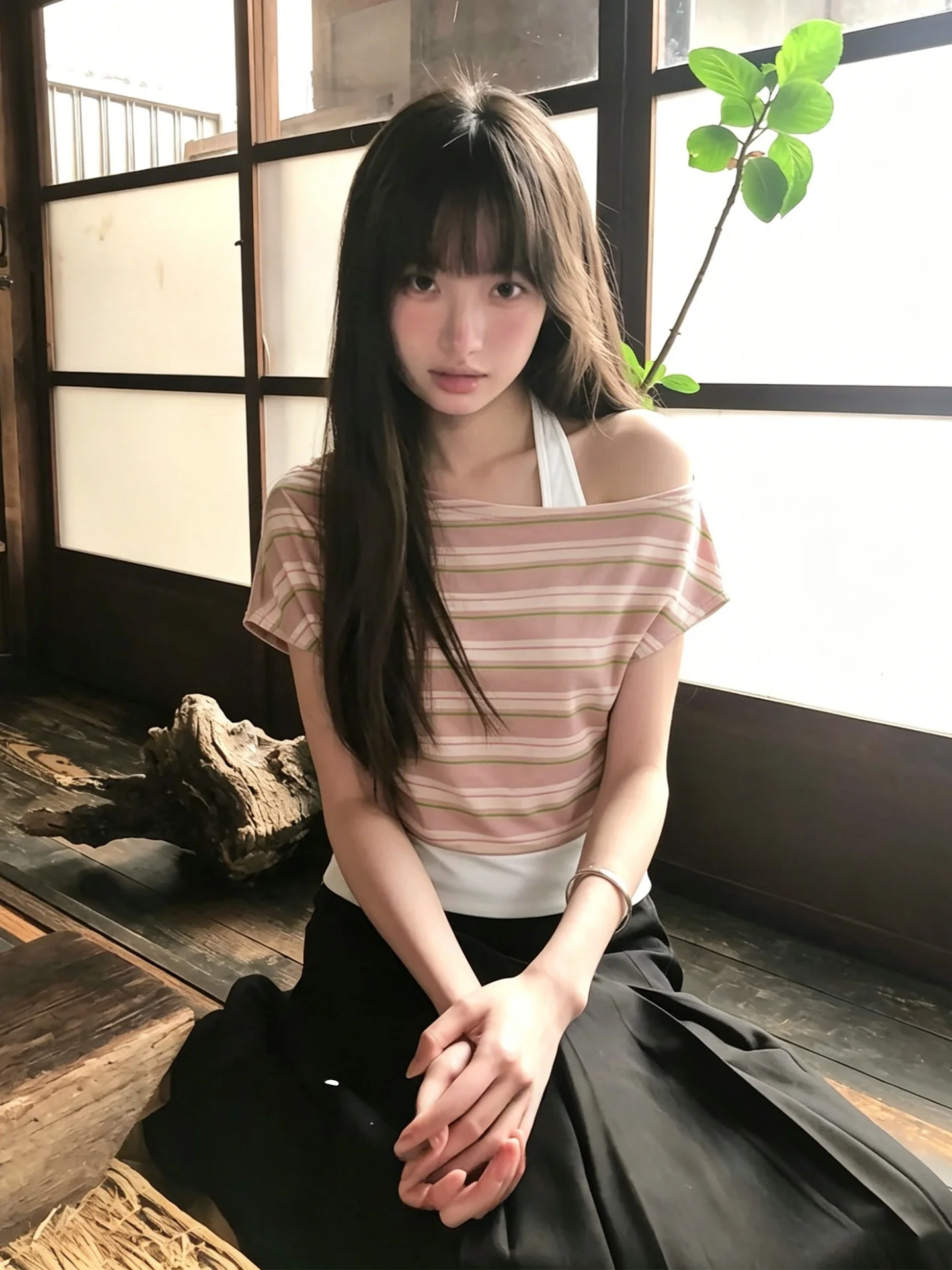 

Korean Style Slim Fit Shoulder Bared T Shirt Women Summer Casual Splice Stripe Short Sleeve Top Soft Comfortable Breathable