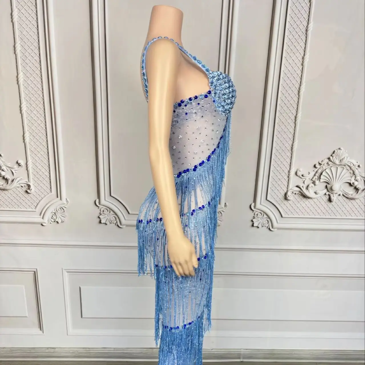 

Lantian Sparkly Rhinestone Tassel Blue Long Dress Birthday Party Photo Shoot Wear Sexy Women High-end Cocktail Sheer Mesh Dress