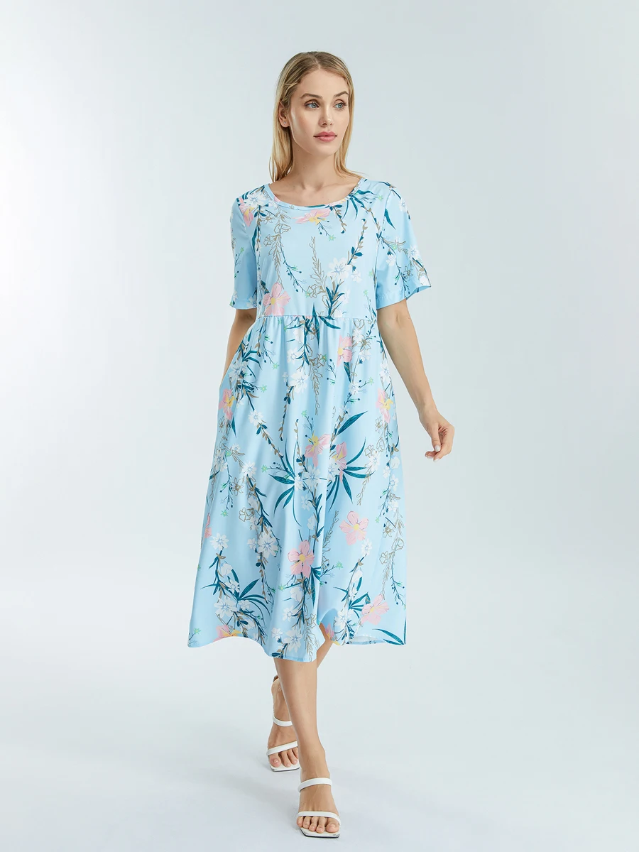 فستان نسائي طويل بطبعة زهور، فستان صيفي بوهو أنيق بأكمام قصيرة ورقبة دائرية مع جيوب