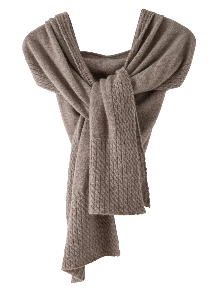 

New Chic Women 100% Cashmere Hooded Scarf Autumn Winter Cashmere Knitted Long Shawls Twist Knitwear Soft Warm Scarf Luxury Tops
