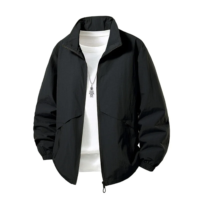 Loose Fit Men's Jacket Stand Collar Outerwear for plus Size Comfortable Breathable Fashionable Polyester Fiber Long Sleeve Zi...