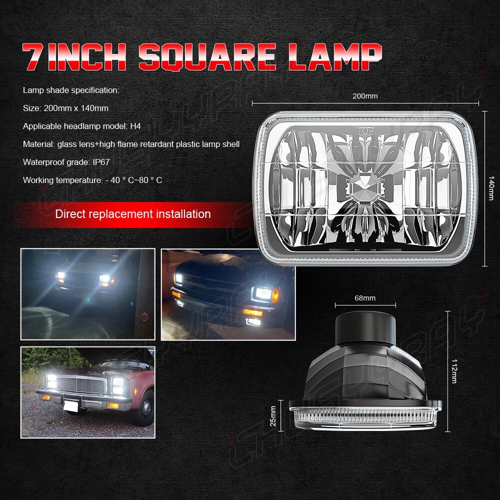 For Ford E150 E250 E350 1 Pair 7x6" LED Sealed Beam Square Headlamp with 12V H4 6500K 20000LM 3570 CSP Super Bright White Bulbs