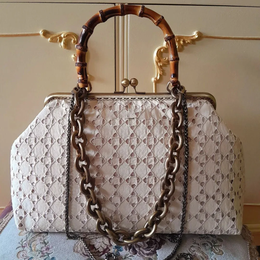 Lost in Vintage Lace Bamboo Soft Fabric  Handle Large Capacity Totee Bag Ball Kiss Metal Bags Evening Clutch 35x22x15cm
