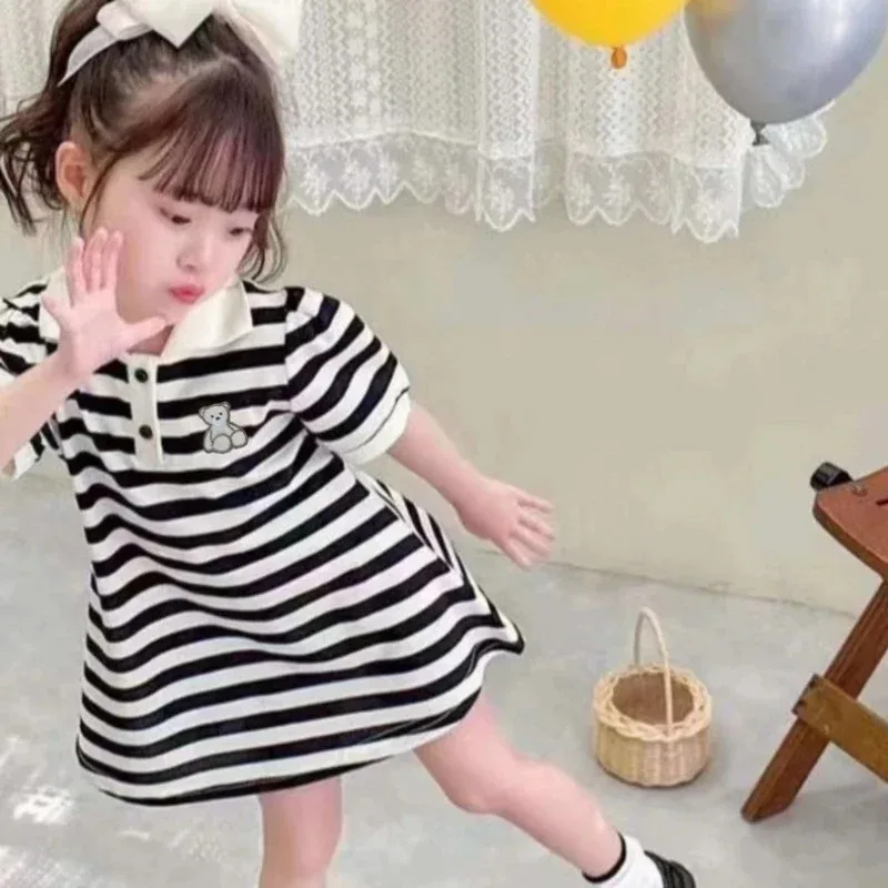 

Summer Girl Dress Bear Embroidered Polo Neck Dresses Striped A-line Skirt Princess Skirt Soft and Comfortable Children Clothes