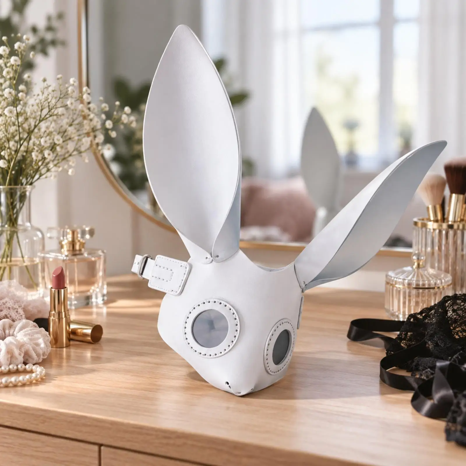 White Rabbit Ear Headpiece Face Mask for Theater Stage Creative Styling