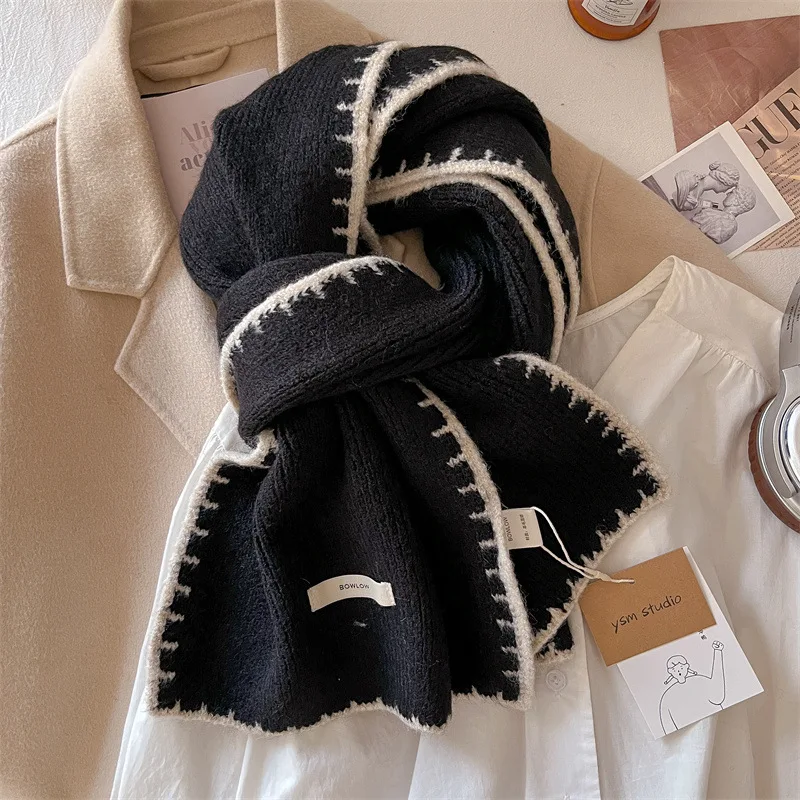 

2025 Winter Women's Knit 100% Premium Wool Scarf Wool Scarf Simple Solid Black Small Fragrance Warm Long Scarf