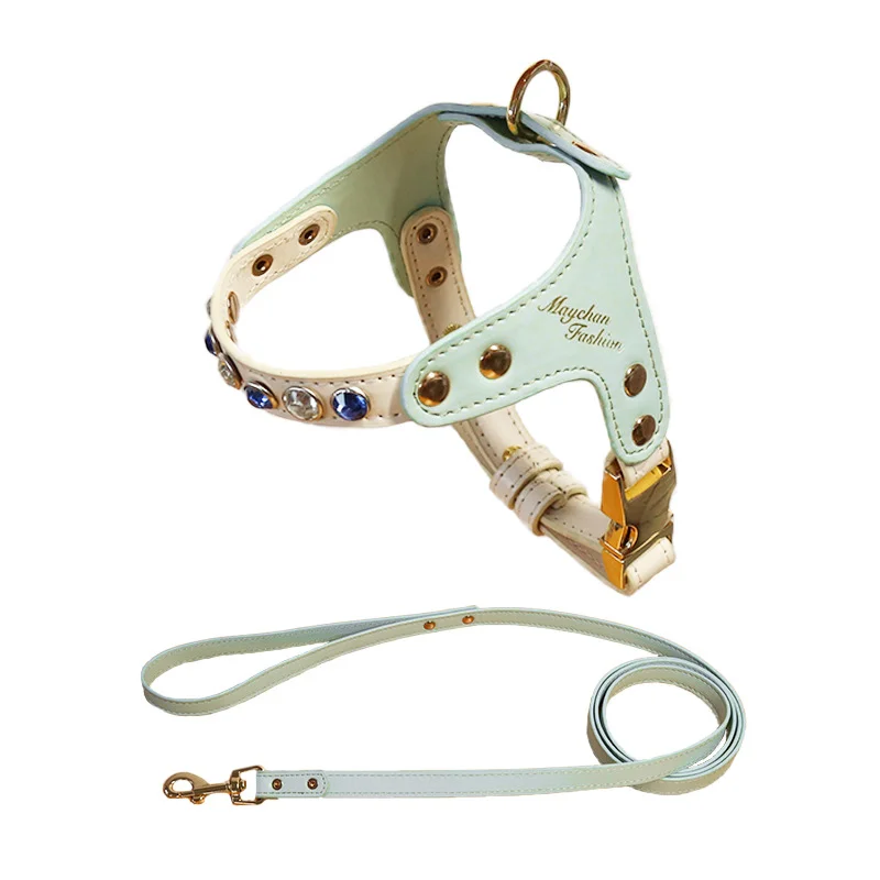 

Imitation Diamond Pet Harness Puppy Small Dog Cat Harness Pet Supplies PU Leather Dog Cat Harness Vest and Leash Set