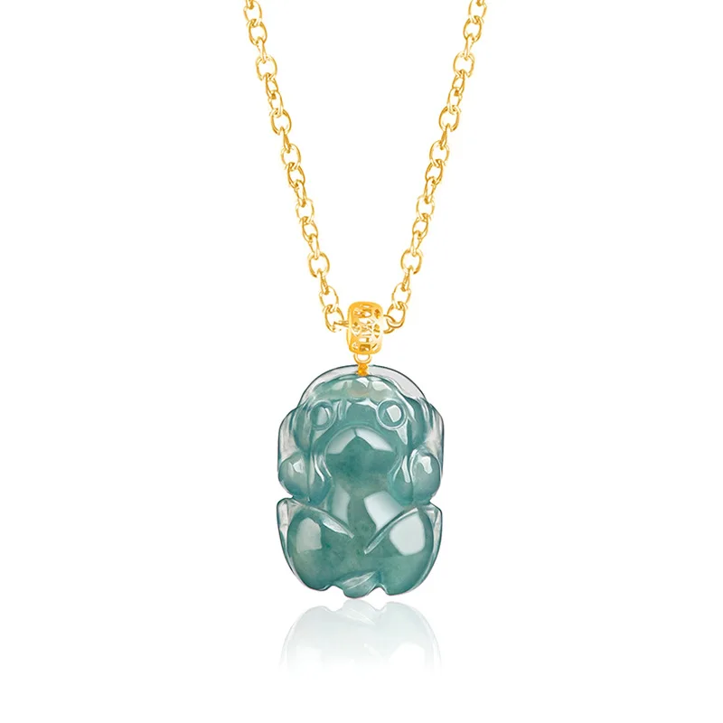 Natural Jadeite 18K Gold Inlaid with  Blue Water Small Brave Pendant Ice Kind of Exquisite Charm Ladies Jewelry Pendants