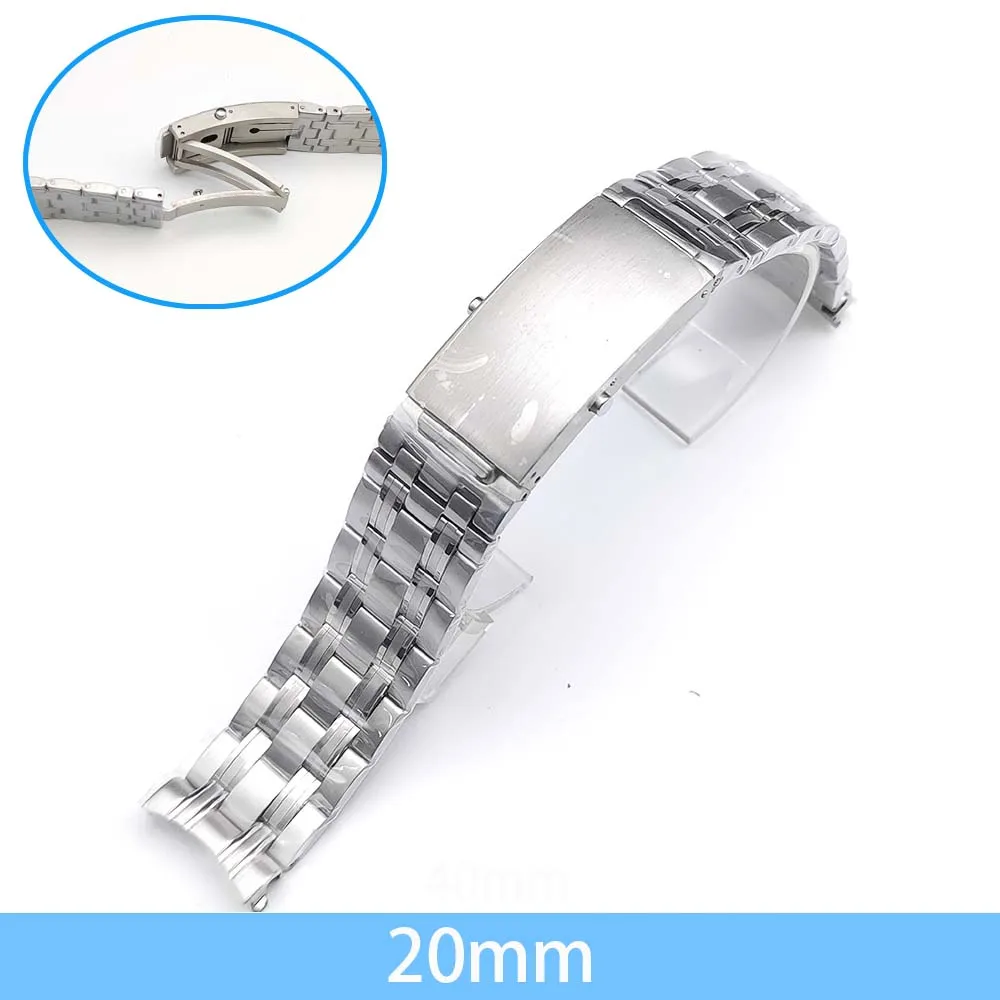 حزام ساعة رجالي من الفولاذ المقاوم للصدأ الصلب مقاس 20 مم، ومشبك قابل للطي، وقطع غيار حزام الساعة