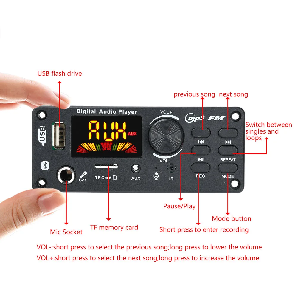 

Bluetooth 5.0 MP3 WMA WAV Decoder Board 12V Handsfree 6.5mm Microphone USB TF FM Car Audio Music Player Speaker Volume Control