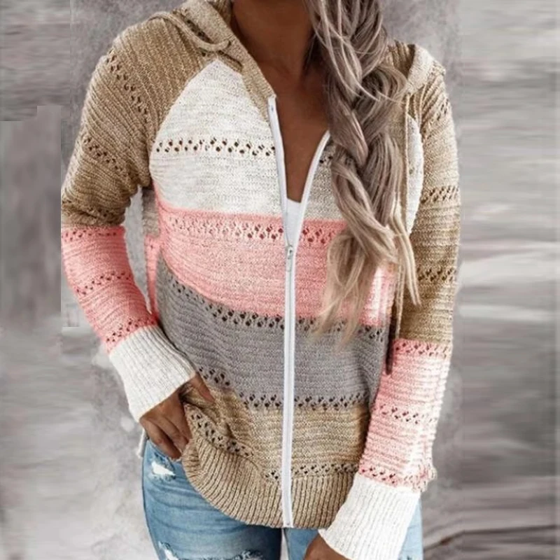 Autumn Women Casual Loose Hooded Zipper Tops Lady V Neck Knit Long Sleeve Sweater Patchwork Elegant Striped Patchwork Cardigans