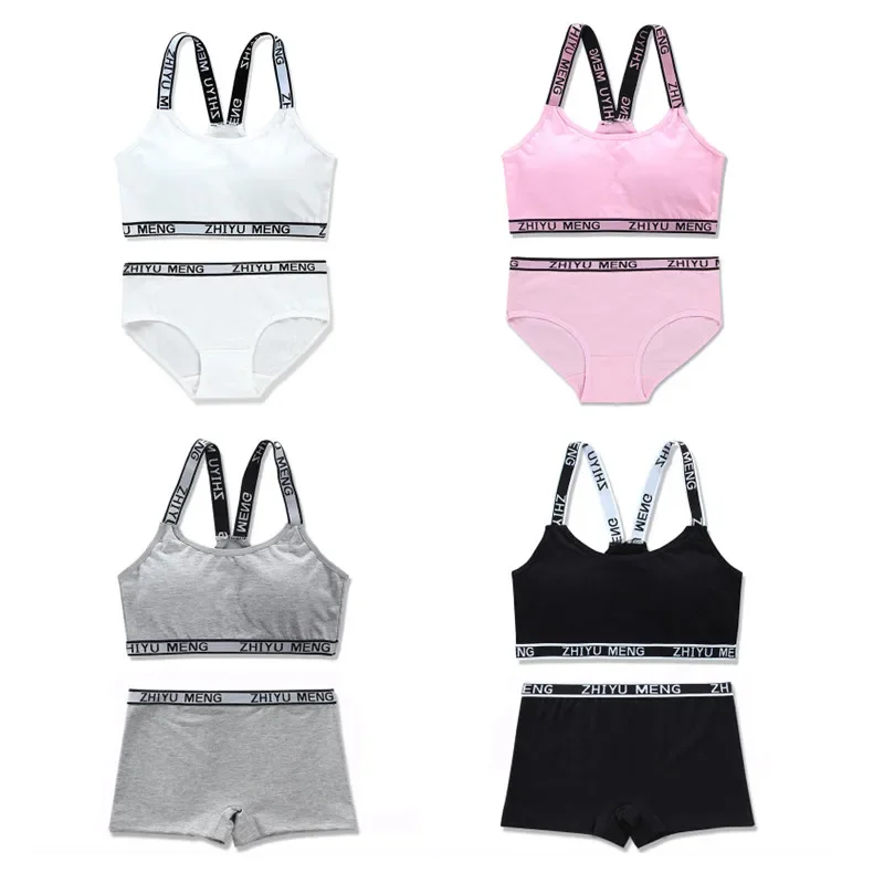 Panty Sets Teenage Girls Cotton Padded Training Bra + Panties Kids Sports Underwear