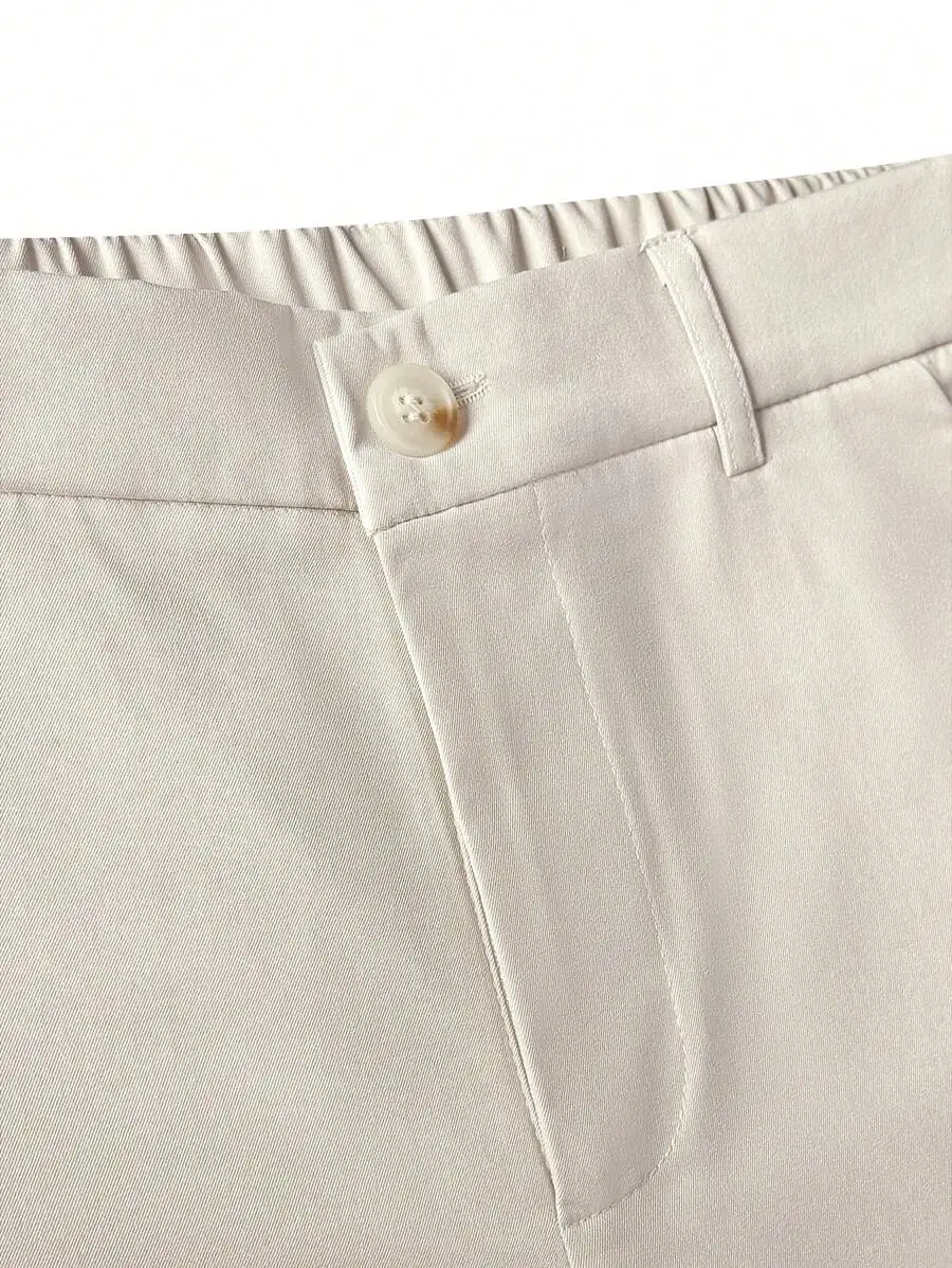 

Beige Men’s Simple Flat-Front Casual Shorts For Everyday Smart Dressing And Gifting