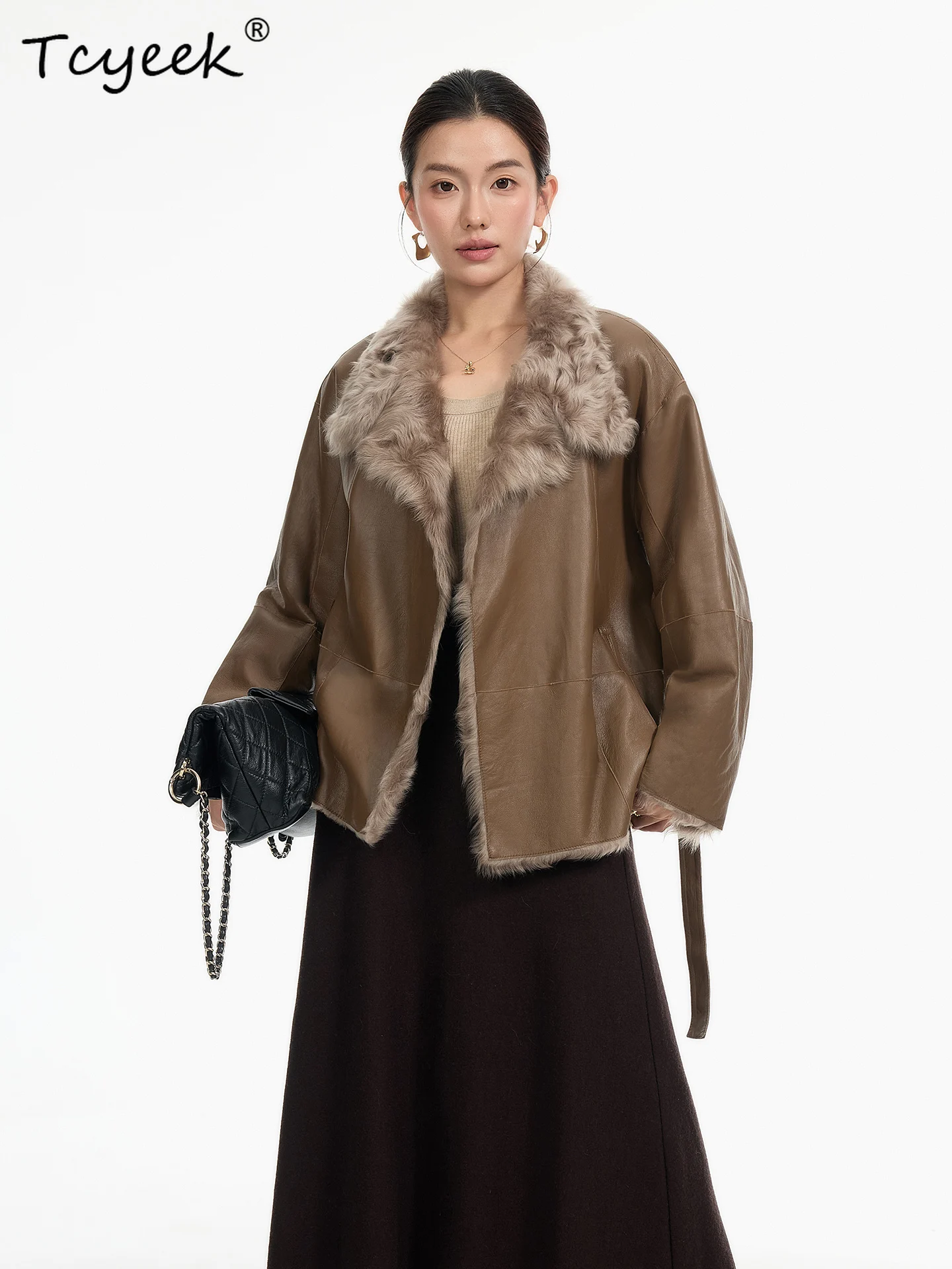 Tcyeek Genuino Lana Autunno Inverno High End Alla Moda Risvolto di Colore Solido delle Donne di Lana di Agnello Shearling Cappotto di Pelliccia Fourrures Femme