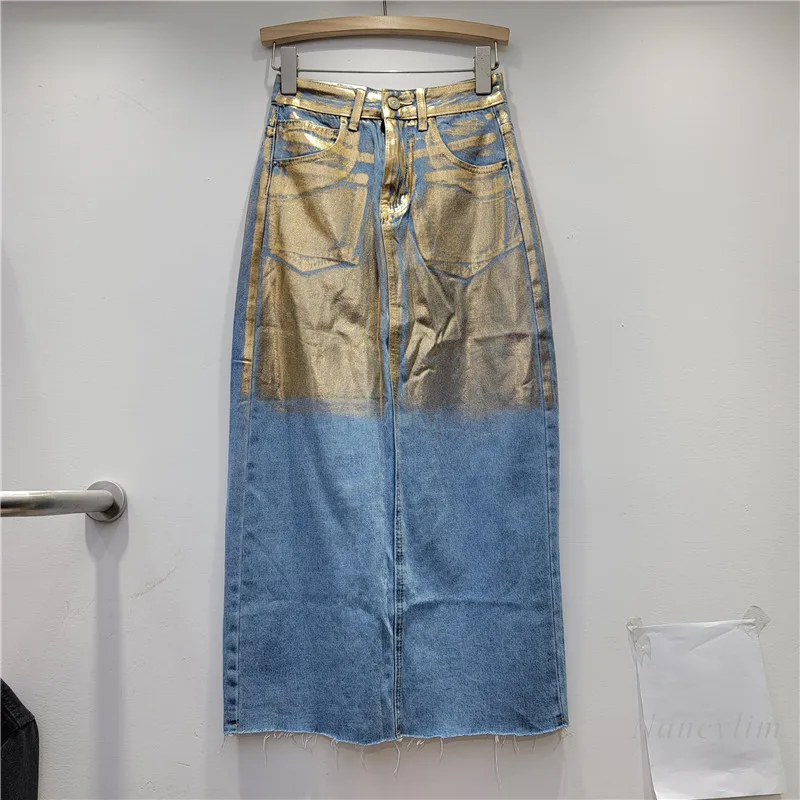 New European and American Style Long Denim Skirt Women's Clothing All-Match Heavy Hand-Painted Painted Gold Skirt 2024