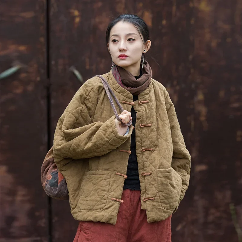 سترات شتوية كلاسيكية للسيدات بأكمام طويلة معاطف فضفاضة بأزرار بلون سادة وجيوب مبطنة على الطراز الصيني ملابس نسائية