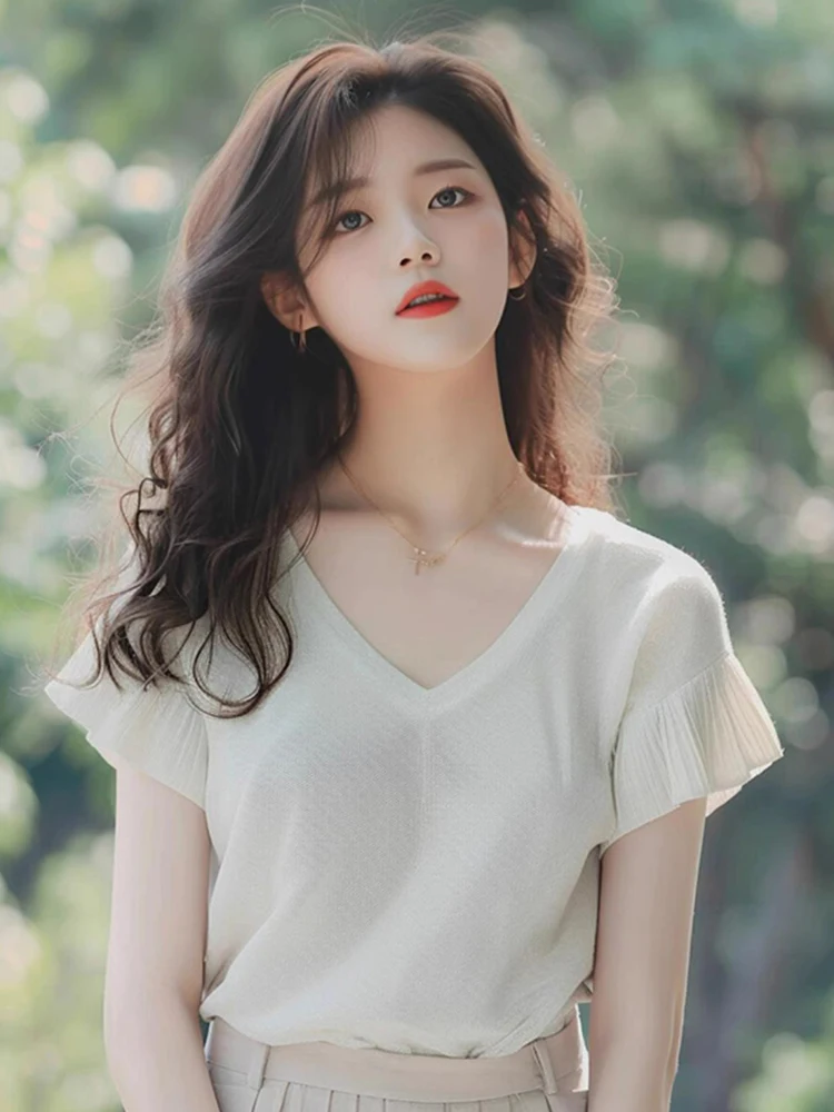 لون نقي مريح V-Ne ort Sve Commute Basic irt الكورية Sle فضفاضة تناسب الصيف تصميم جديد فريد من نوعه