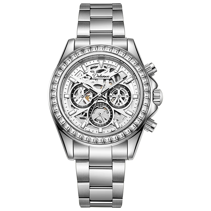 

2025 Dulunwe New Round Bezel Waterproof Mechanical Watch Men'S Luxury Silicone Watch Hollow Multi-Function Automatic Date Watch
