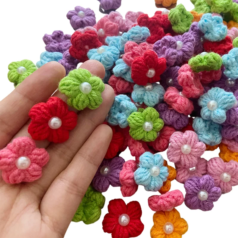 20Pcs Knitting Wool Pearl Flower Ornaments 7 colors DIY Hademade Sewing Material Garment Hairpin Crafts Decor Accessories