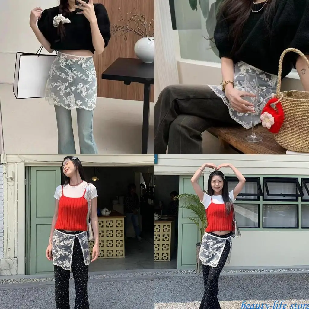 

Korean See Through Half Skirt for Women Flower Lace Sheer Hip Wrap Covering Short Apron Skirt Side Button Overskirt 517D