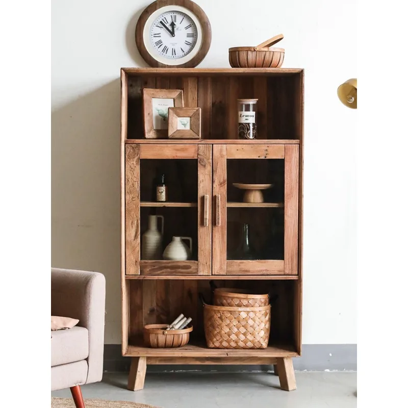 

Literary double-door glass cabinet, living room locker, retro and old against the wall