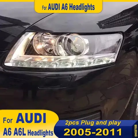 아우디 A6 A6L 2005-2011 A6 C6 헤드라이트 LED DRL 다이나믹 터닝 전조등 플러그 앤 플레이용 2개 LED 자동차 헤드라이트 어셈블리
