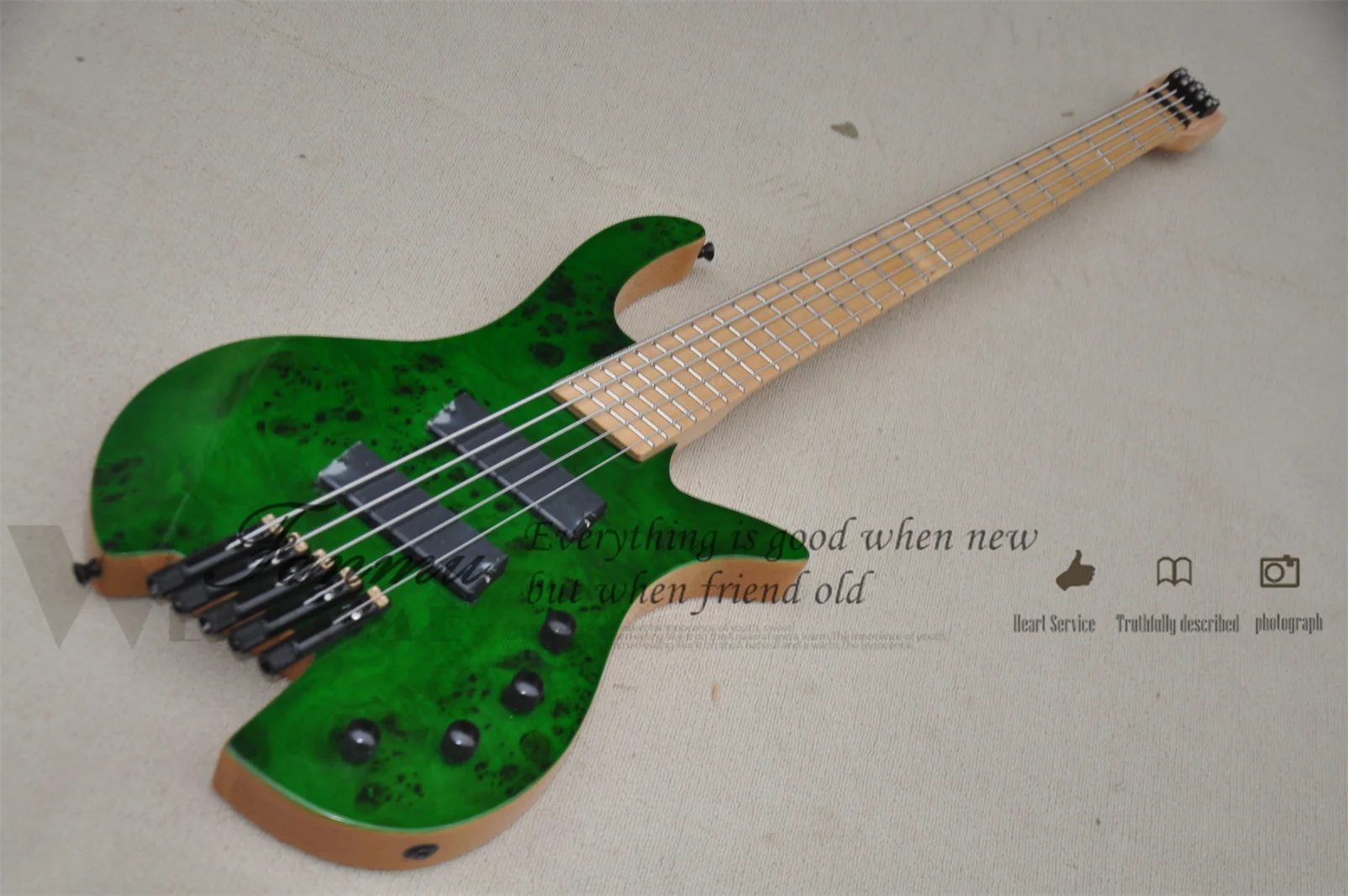 5 String Bass Guitar Headless Bass Green Bass ASH Wood Body Burl Maple Top Maple Neck High-quality Idependent Bridge