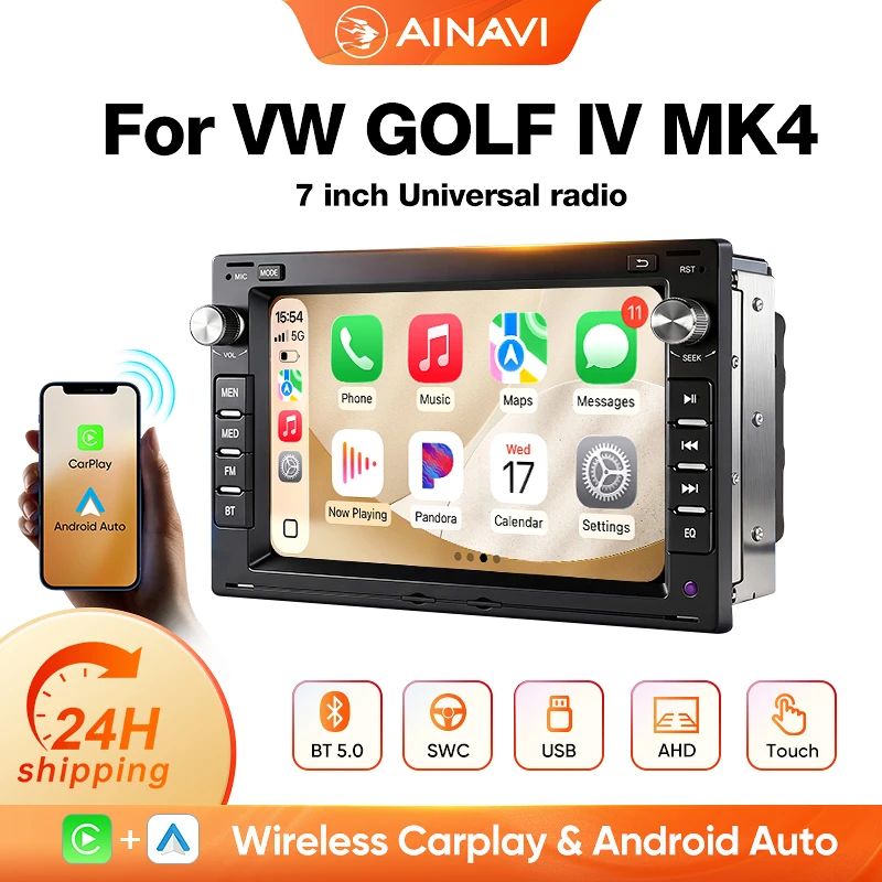 AINAVI Autoradio con Carplay Wireless per VW Golf 4 Jetta MK4 Passat B5 Multivan T5 Polo 4 Seat Leon Skoda EOS Android Auto GPS MP5 Schermo Touch IPS Multimedia Auto SWC AM BT 5.0 FM 2 Din