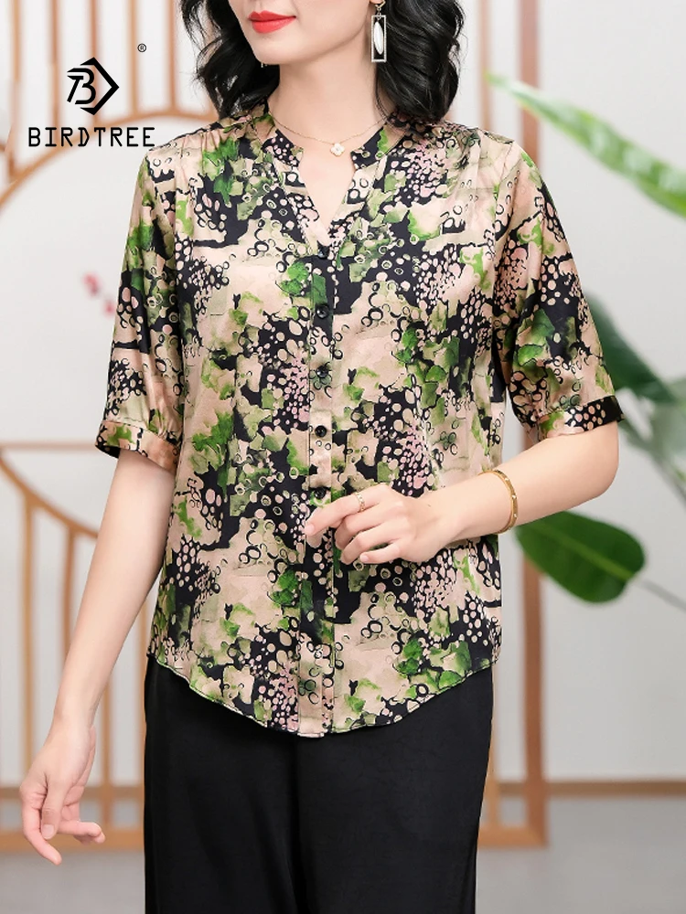 

BirdTree, 91%Real Silk Elegant Shirts, Women Short Sleeve V Neck Printed, Oversize Mom Temperament Blouse, 2024 Summer T444122QC