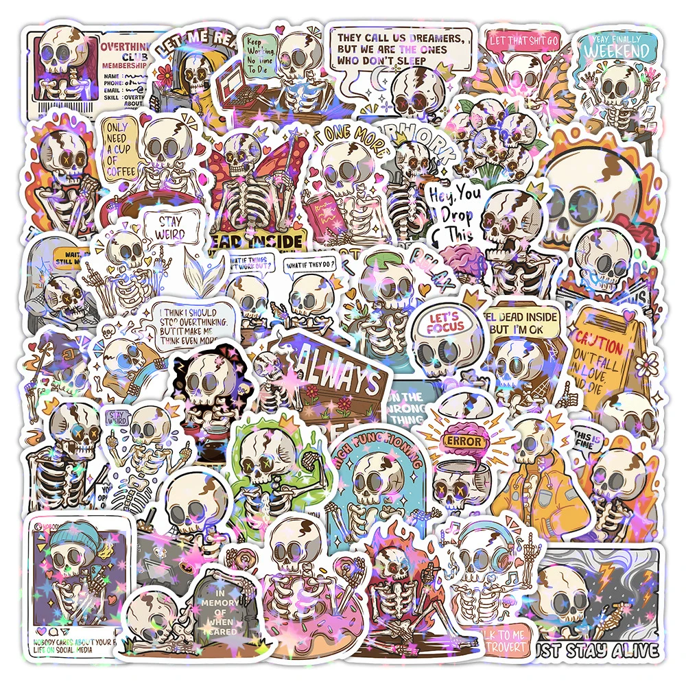 10/30/50pcs Holographic Laser Skull Graffiti Stickers Cute Cartoon Skeleton Sticker DIY Skateboard Phone Notebook Decals Packing