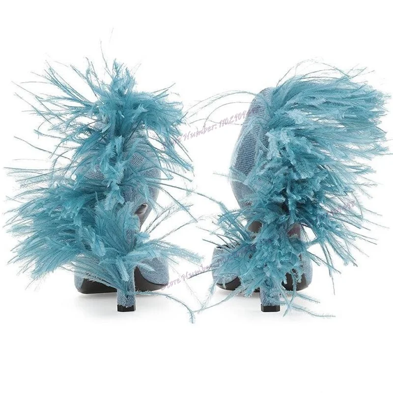 Blue Denim Feather Decor Pumps Splicing Pointed Toe Shoes for Women Thin High Heels Sexy Elegant Shoes 2023 Zapatos Para Mujere