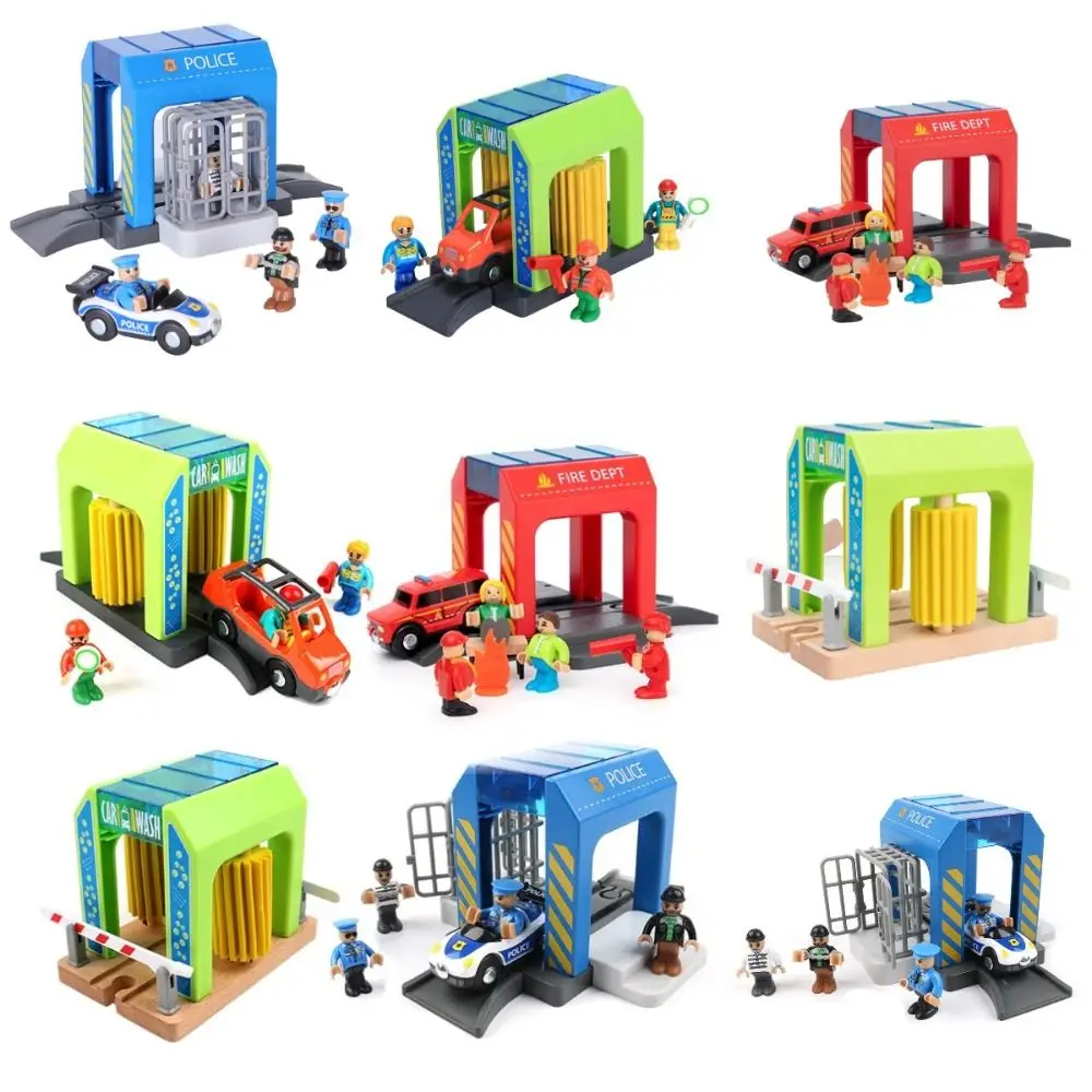 Building Blocks Connection Wooden Train Tracks Railway Toys Car Wash Room Police Station Police Station Car Wash Room Model Toys