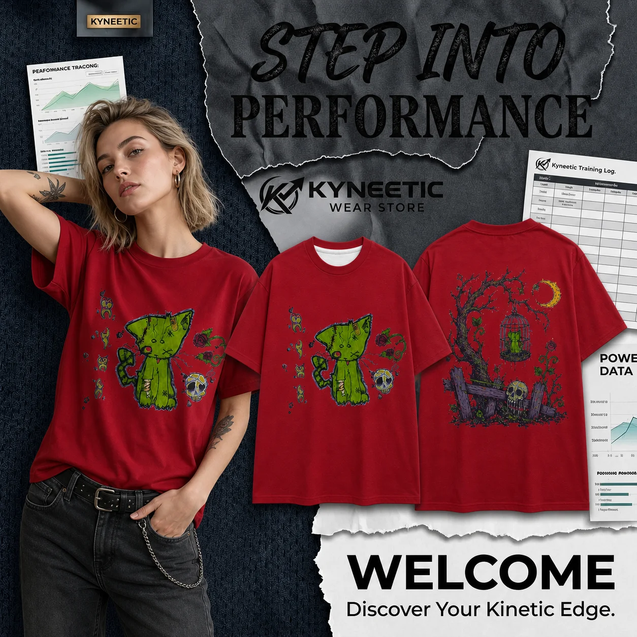 Gothic Zombie Cat Skeleton Print Parent-Child Round Neck Tee Halloween Horror Party Vintage Harajuku Casual Crewneck T-Shirt Top