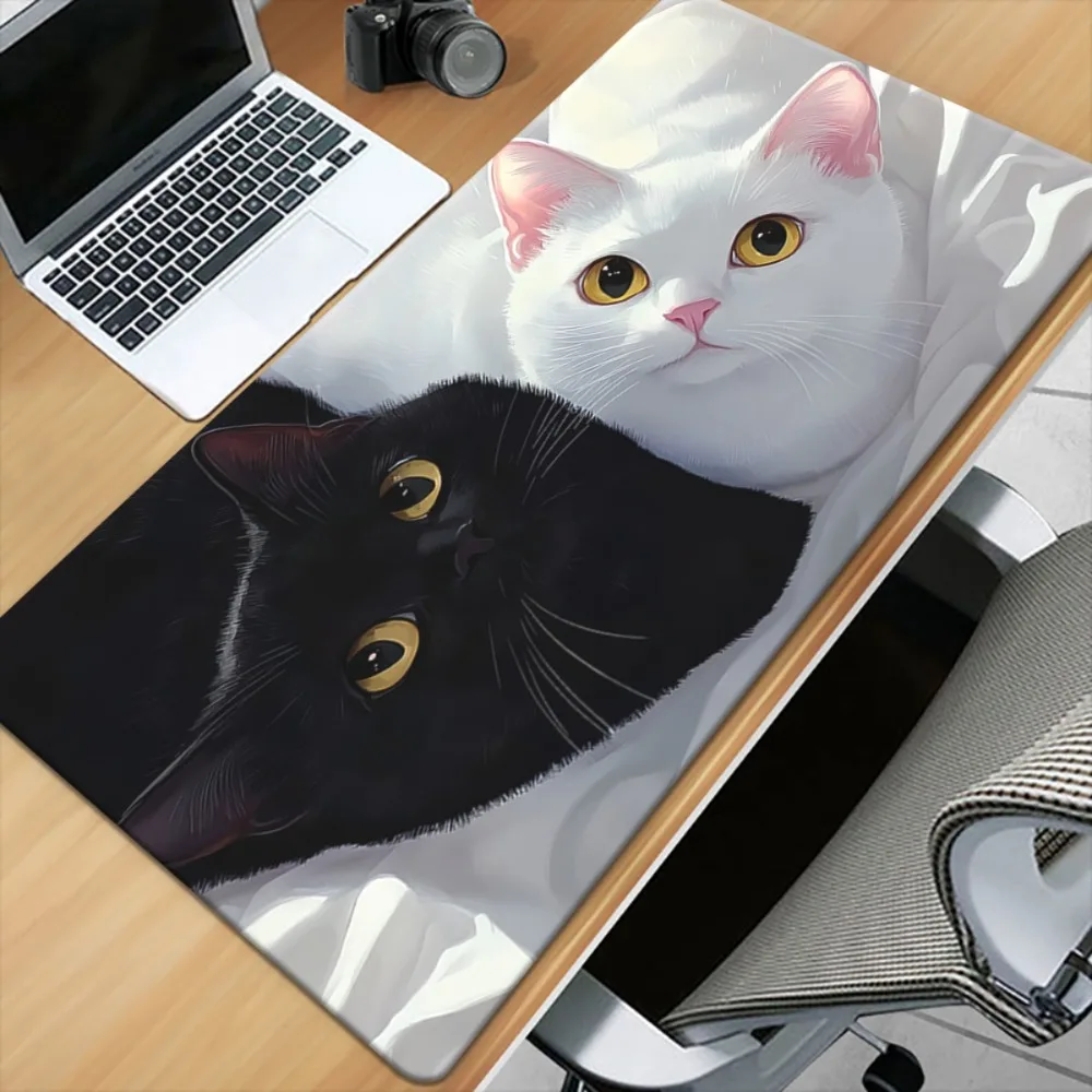 

Realistic Black White Cat Couple Large Mouse Pad, Pet Portrait Extended Desk Mat, Kawaii Office Gaming Decor