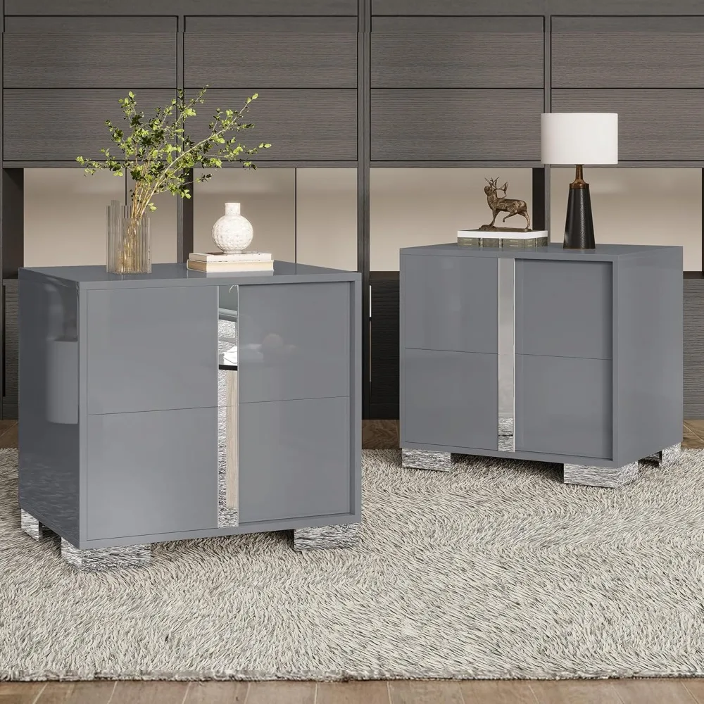 Nightstand Set of 2 Modern End Table with Drawers, High Gloss UV Finish Furniture For Room Electroplated Pull Handle Customized