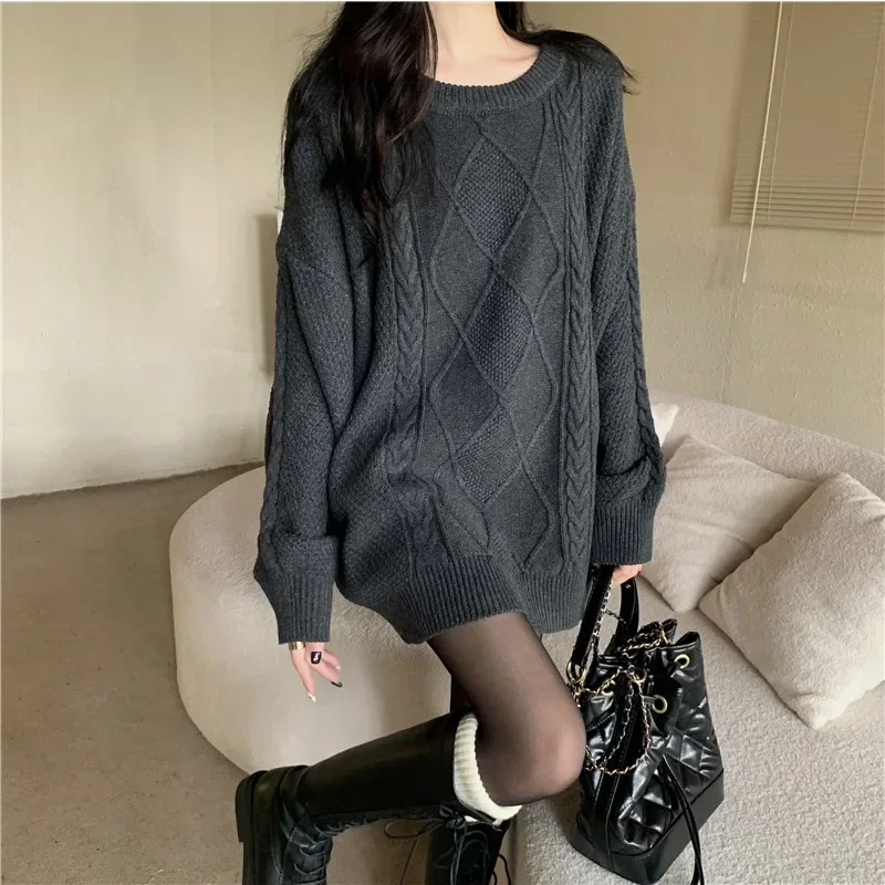 Oversized Twist O-neck Sweaters Women Autumn Winter Solid Color Loose Soft Pullovers Korean Fashion Lazy Mid-Length Tops Outwear