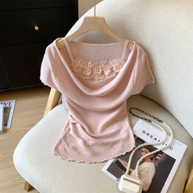 False Two-piece Short-sleeved T-shirt Women's Wear New in Summer 2025 Knitted Top with Scalloped Collar
