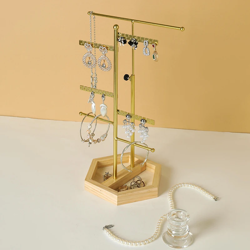 

Fashion Metal Jewelry Rack With Wooden Base, Multipurpose Necklaces Bracelets Earrings Ring Display Storage Stand Showcase Prop