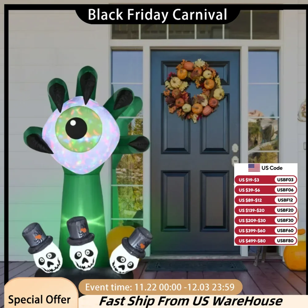 6 Foot Halloween Inflatable Monster Hand with Eyeball LED Lights Decor Outdoor Indoor Holiday Decorations, Blow up Lighted Yard