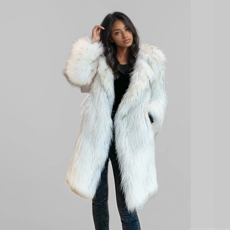 2024 Autumn Trendy Women\'s Turn-down Collar Loose Faux Fur Coat Fashion Long Sleeves Gradient Trench Jacket Female 1LS039