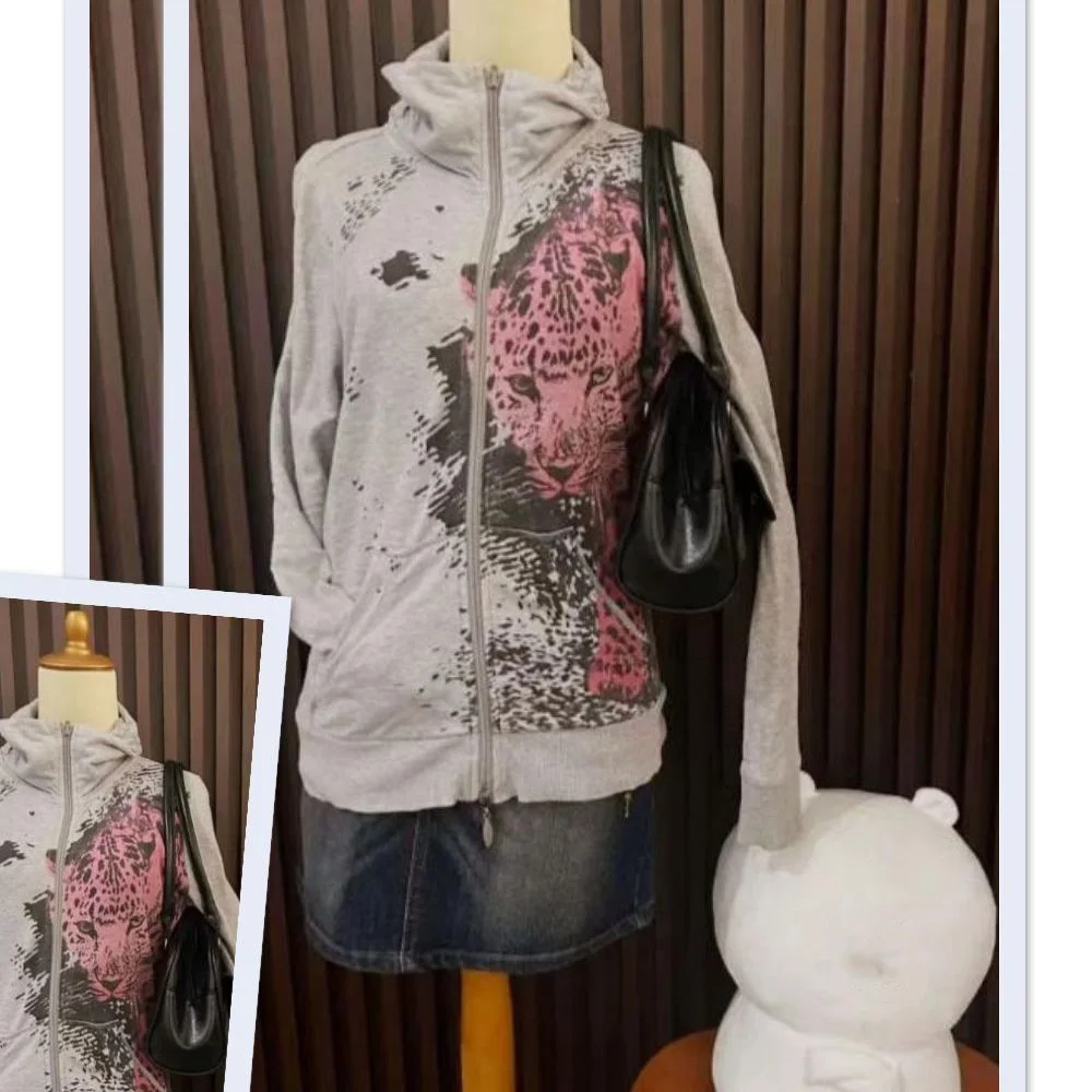 Y2k Aesthetic Cartoon Printing Punk Hoodies Harajuku Women Grunge Loose Pocket Hoody Streetwear Casual Dual Zippers ​sweatshirts