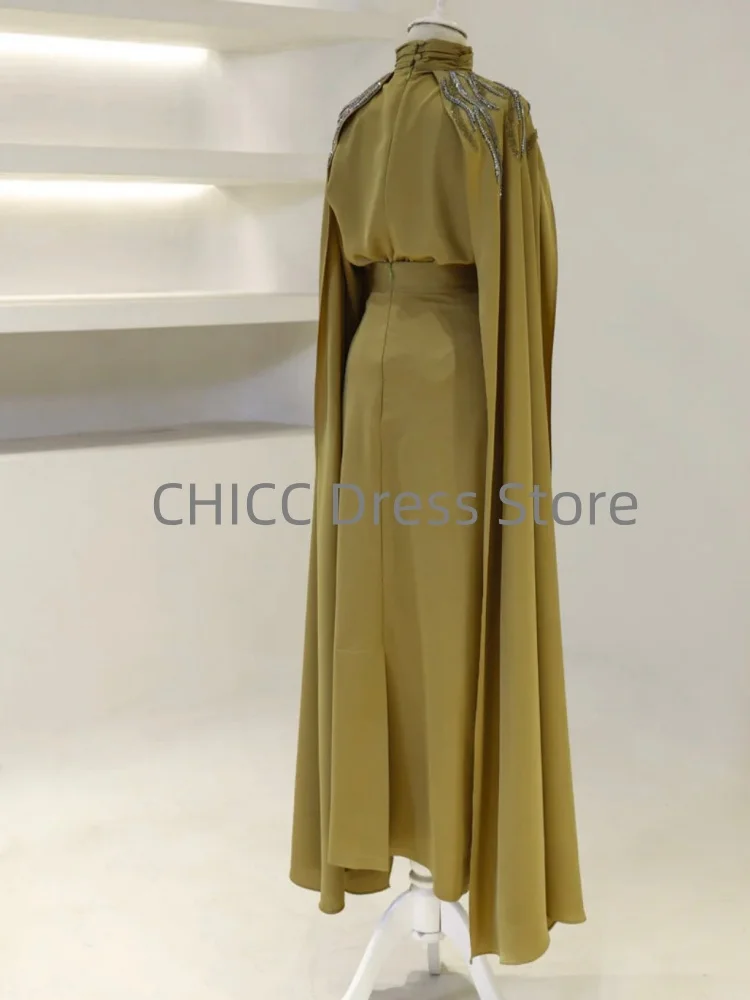 Elegant Muslim Evening Dresses High Neck Long Floating Sleeve Wedding Guests Dress with Beading Pleat Formal Occasion Customized