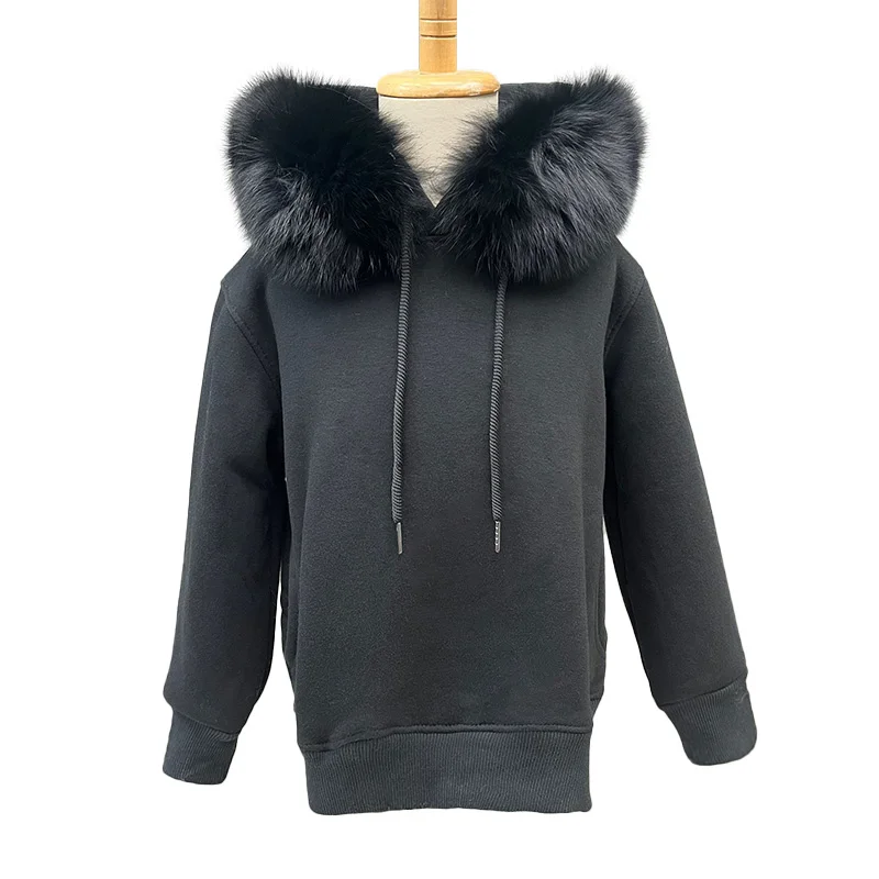 2024 Autumn Winter Hoodie Kids Fleece Pullover With Removable Real Fox Fur Hood Lady Sweater Jackets S6493