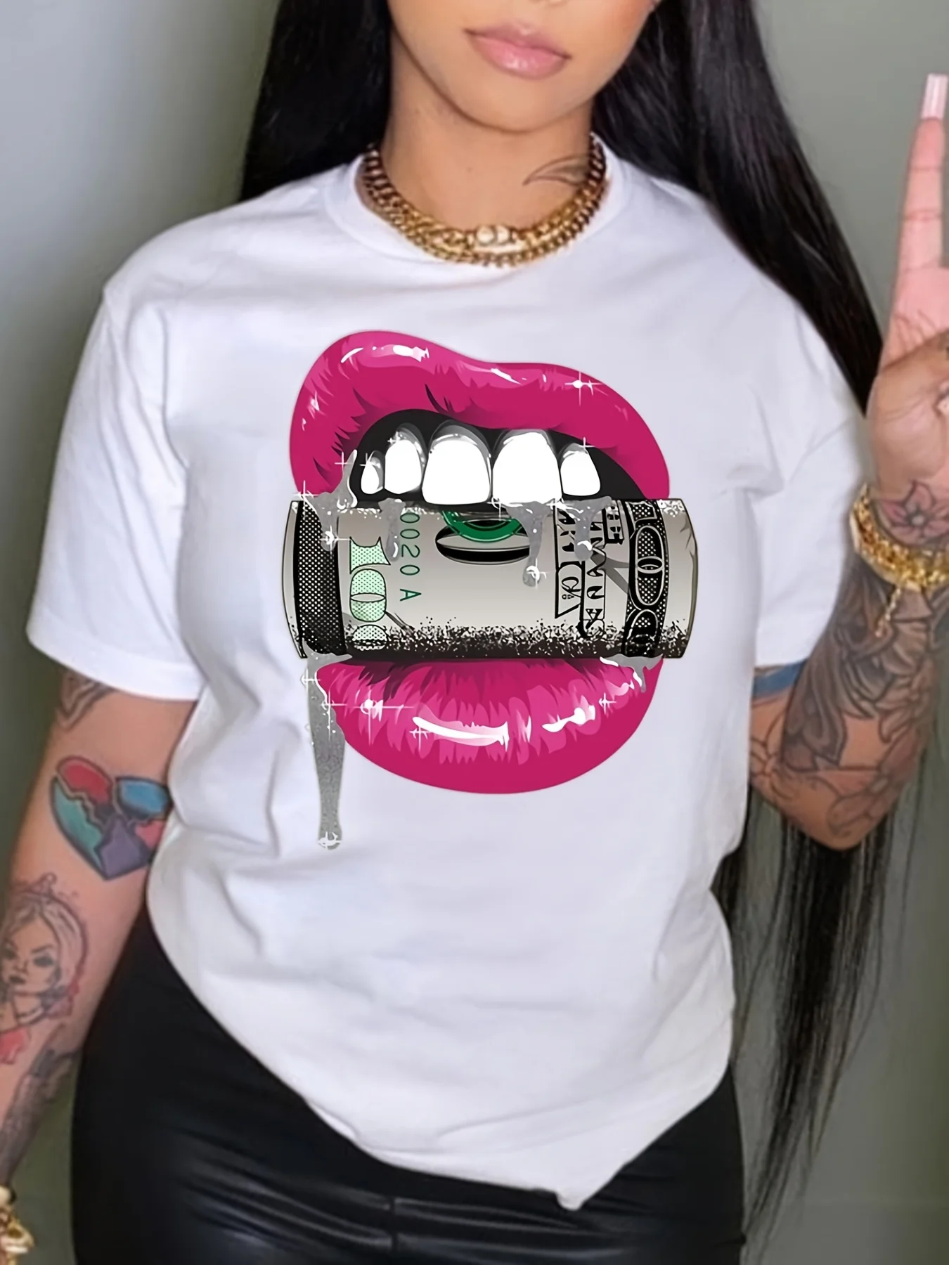 Money Lips Print T-Shirt, Short Sleeve Crew Neck Casual Top For Spring & Summer, Women's Clothing