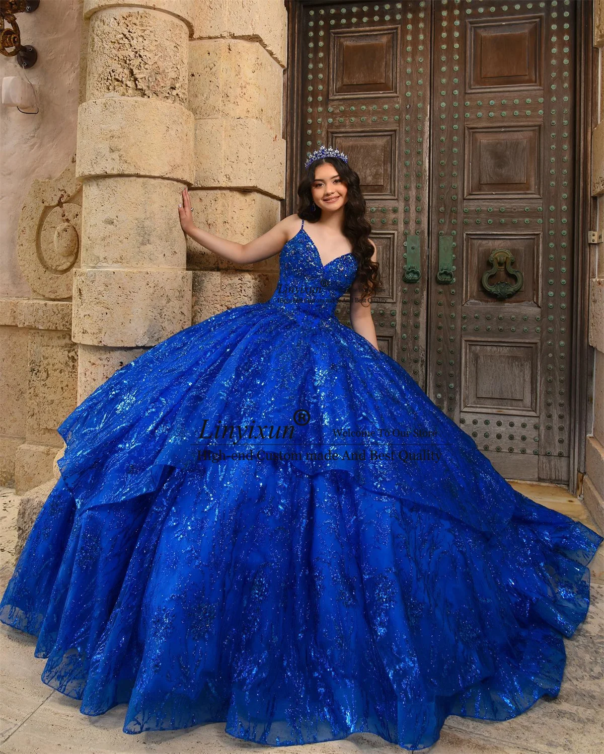 Royal Blue Ball Gown Quinceanera Dress Glitter Appliques Sequins Birthday Sweet 16 Gown Lace Up Mexican Vestidos De XV 15 Años