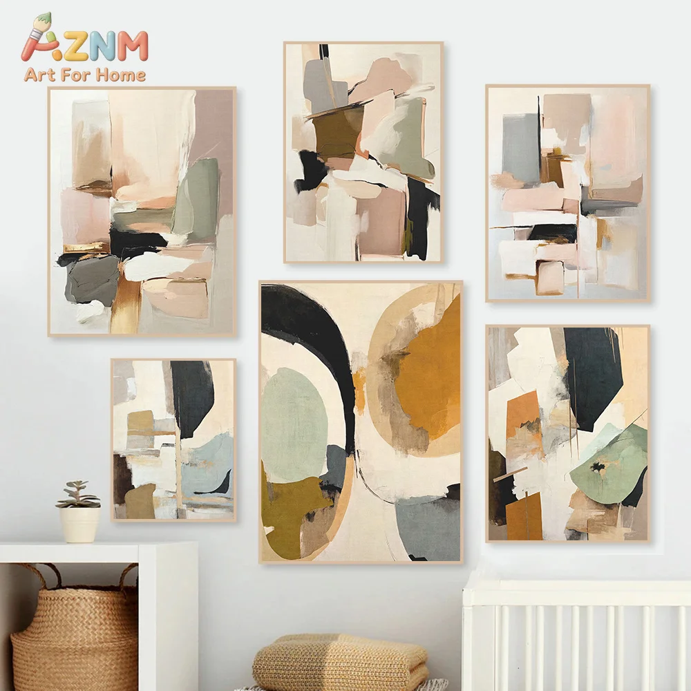 AZNM Sage Green Neutral Geometric Abstract Canvas Wall Art Beige Black Brush Stroke Modern Block Painting Unframed Canvas Print