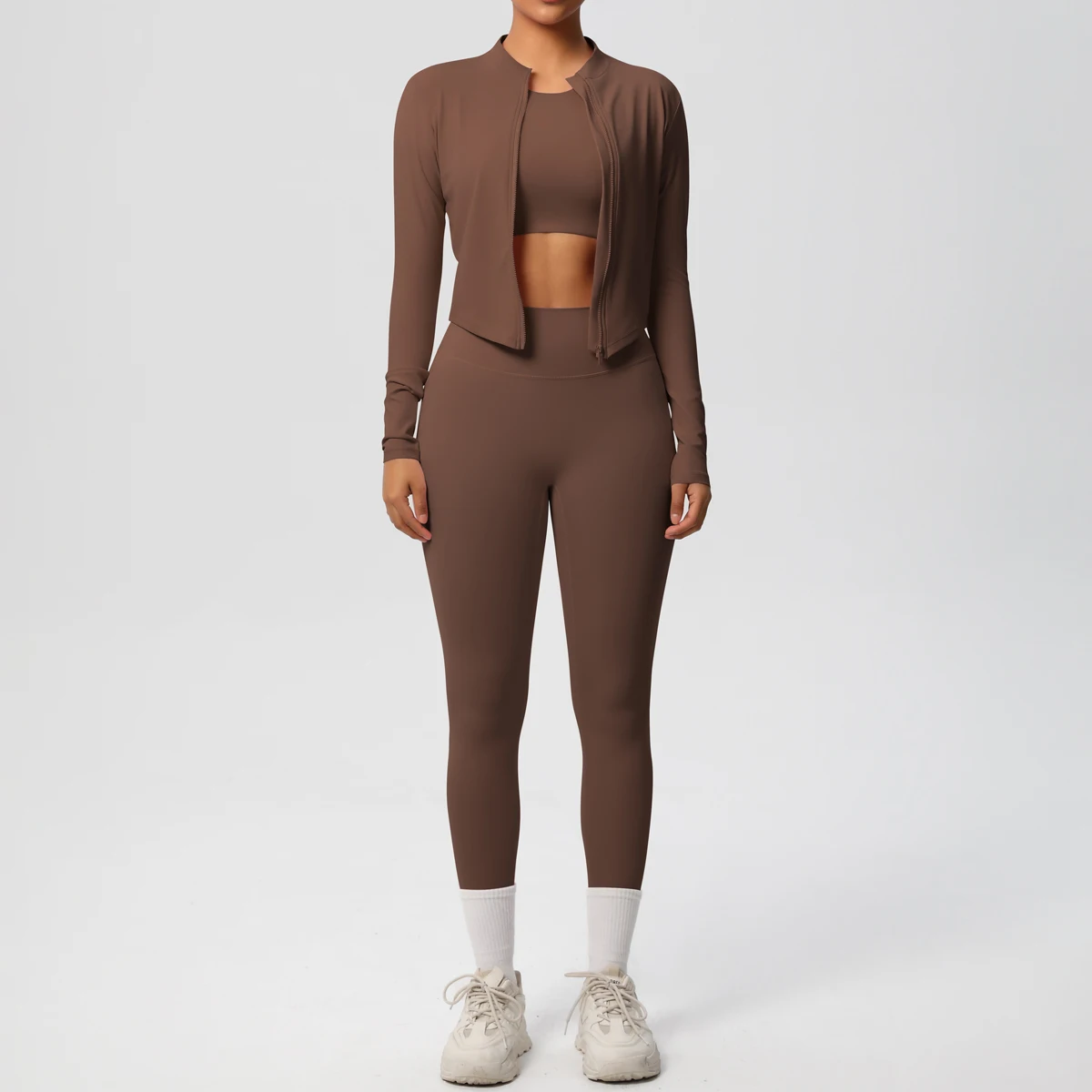 3PCS/set Woman Yoga Clothes Gym Sports Yoga Zipper Long Sleeves Running Shirts Crop Top High Waisted Quick Drying Yoga Pants Set