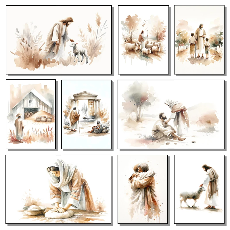 Watercolor The Fables of Jesus Poster The Lost Sheep Sower Prodigal Leaven Canvas Painting Christian Wall Art Picture Home Decor